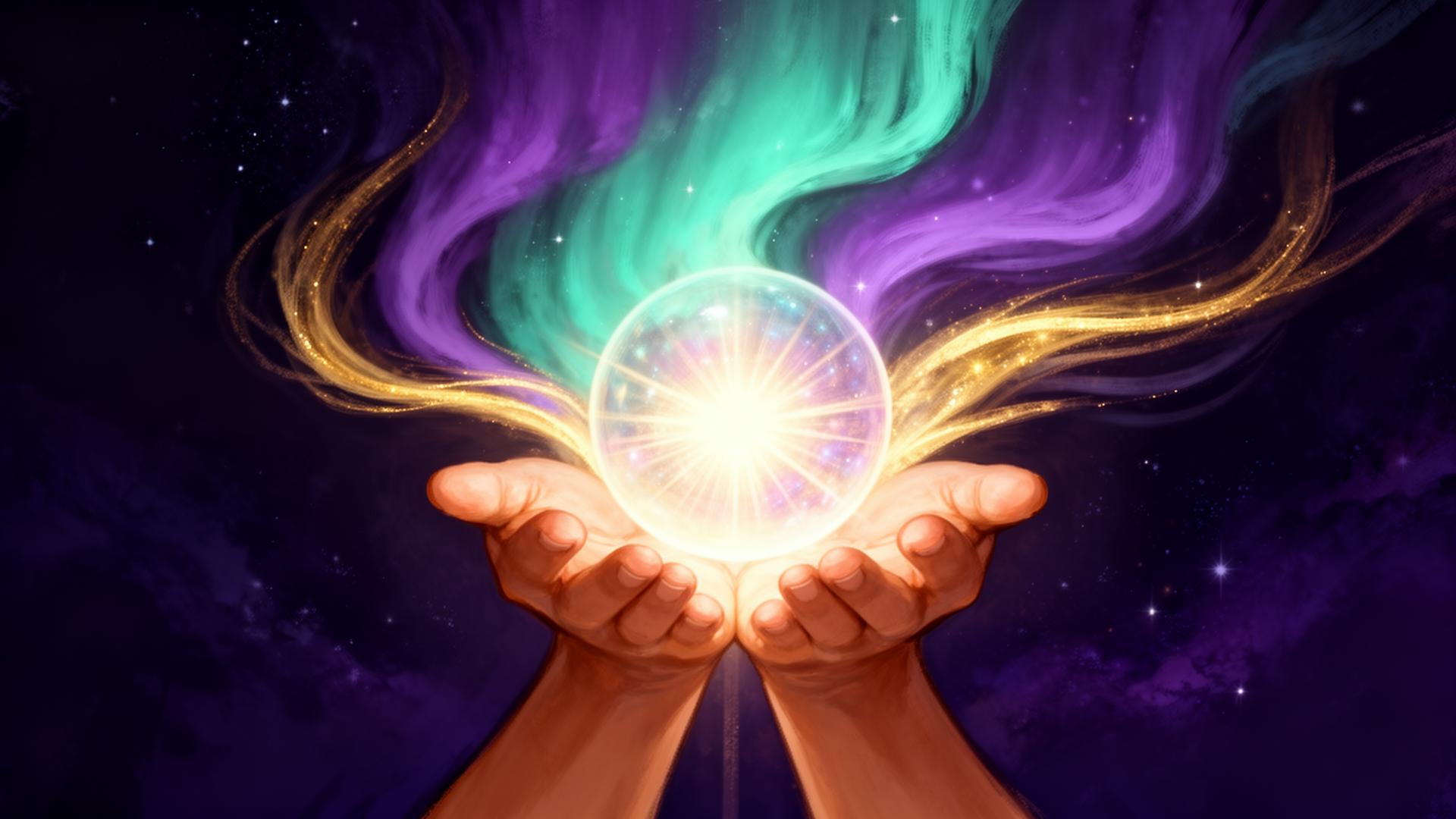 Two hands cradling a glowing orb of light with aurora ribbons of energy