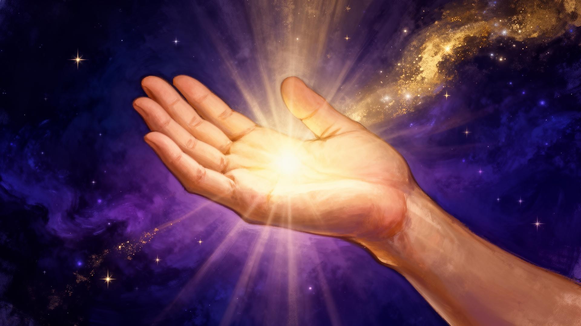 An open hand emanating radiant golden light against a cosmic indigo background