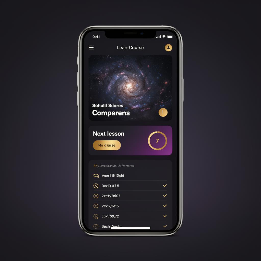 Mobile learning app showing a course cover, next lesson, and a progress ring