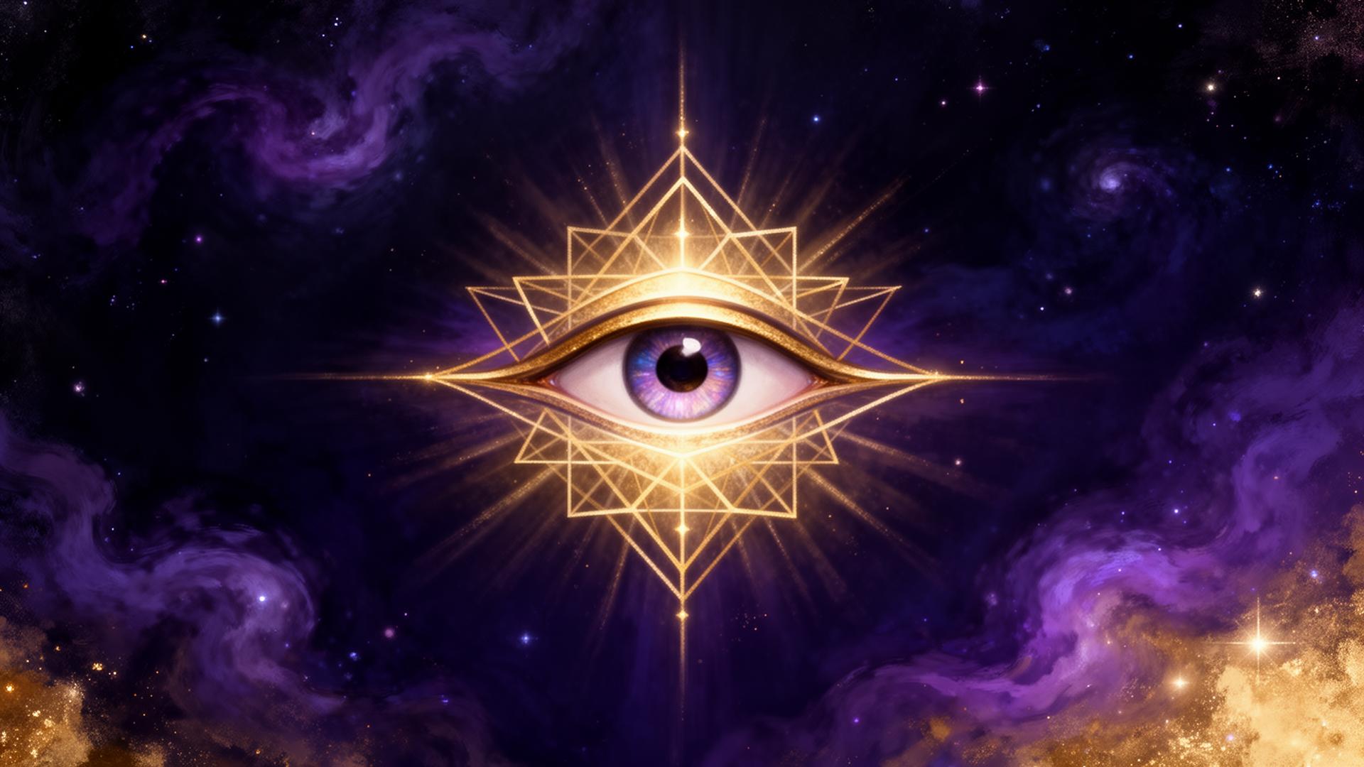Luminous third-eye sigil over a cosmic indigo and gold background