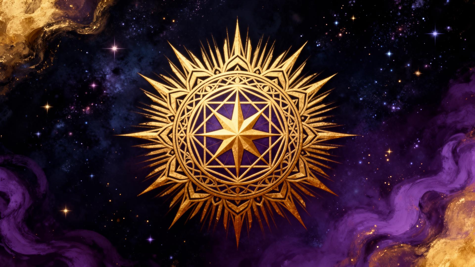 An ornate gold-foil sacred-geometry certification seal on a starlit violet background