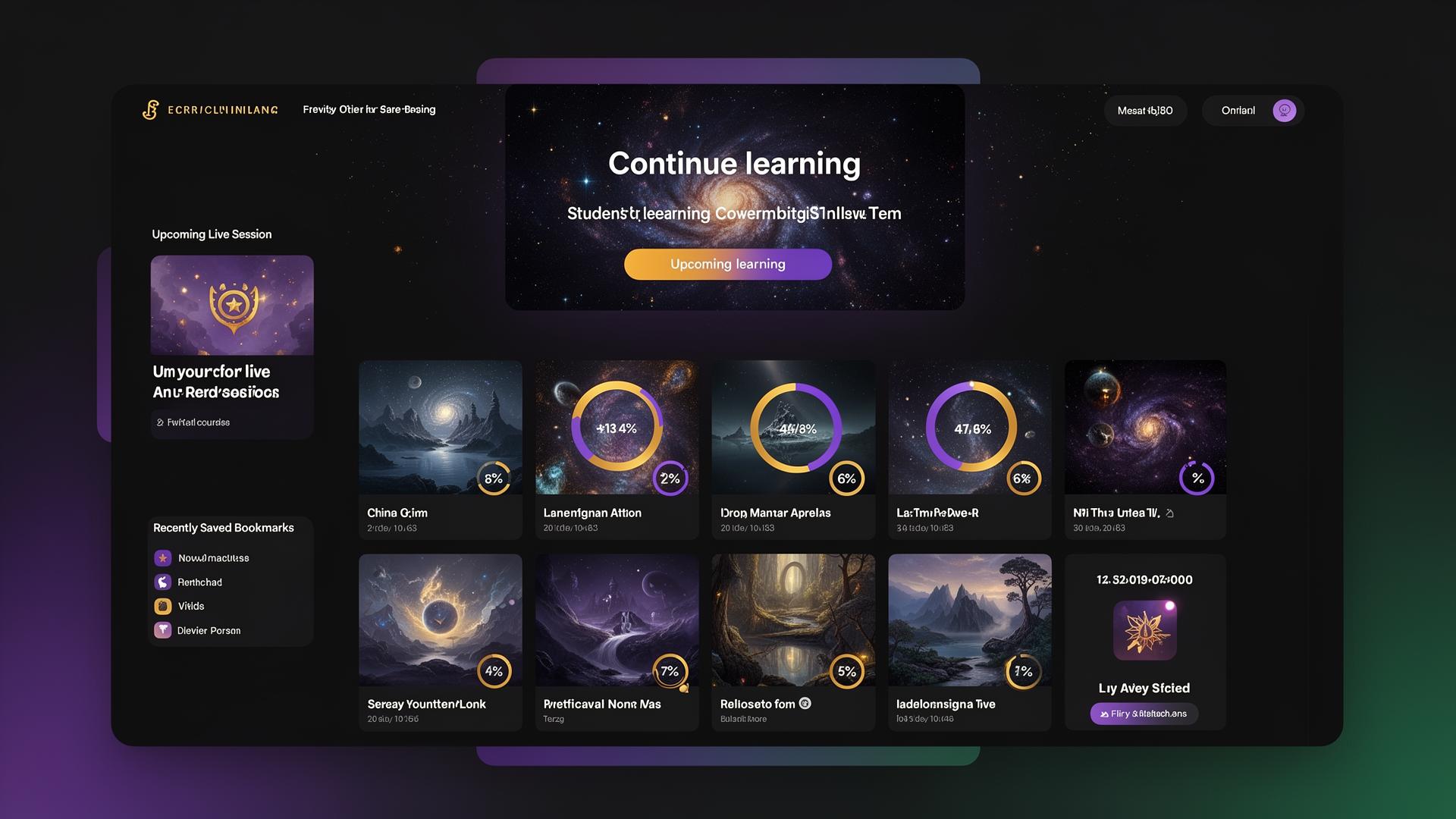 Student portal showing course library, progress rings, and upcoming live sessions